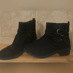 Black ankle bootie with buckle detail